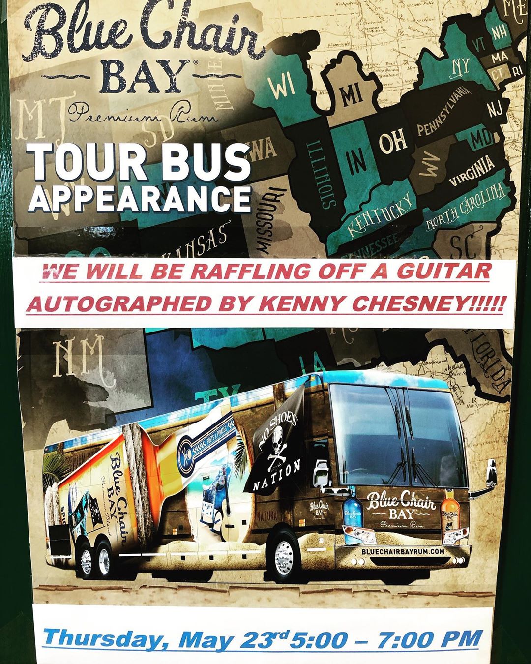 Just a reminder… tonight from 5–7. We will be raffling off a @kennychesney signed guitar…