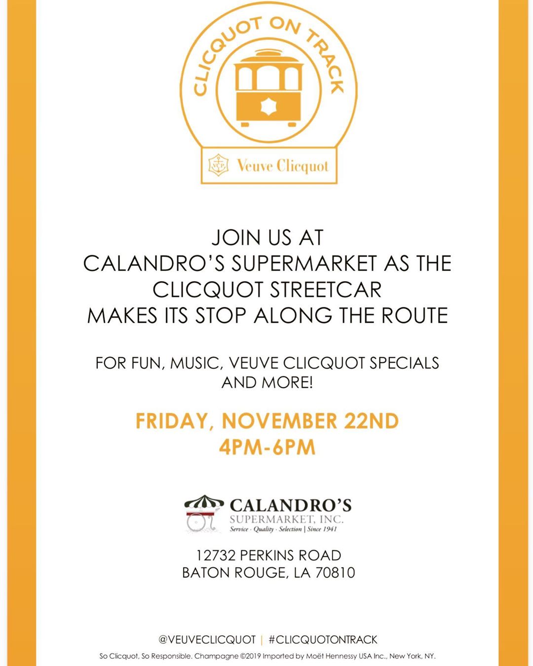 Veuve Clicquot’s New Orleans Inspired streetcar will be making a stop by Calandro’s on Perkins…